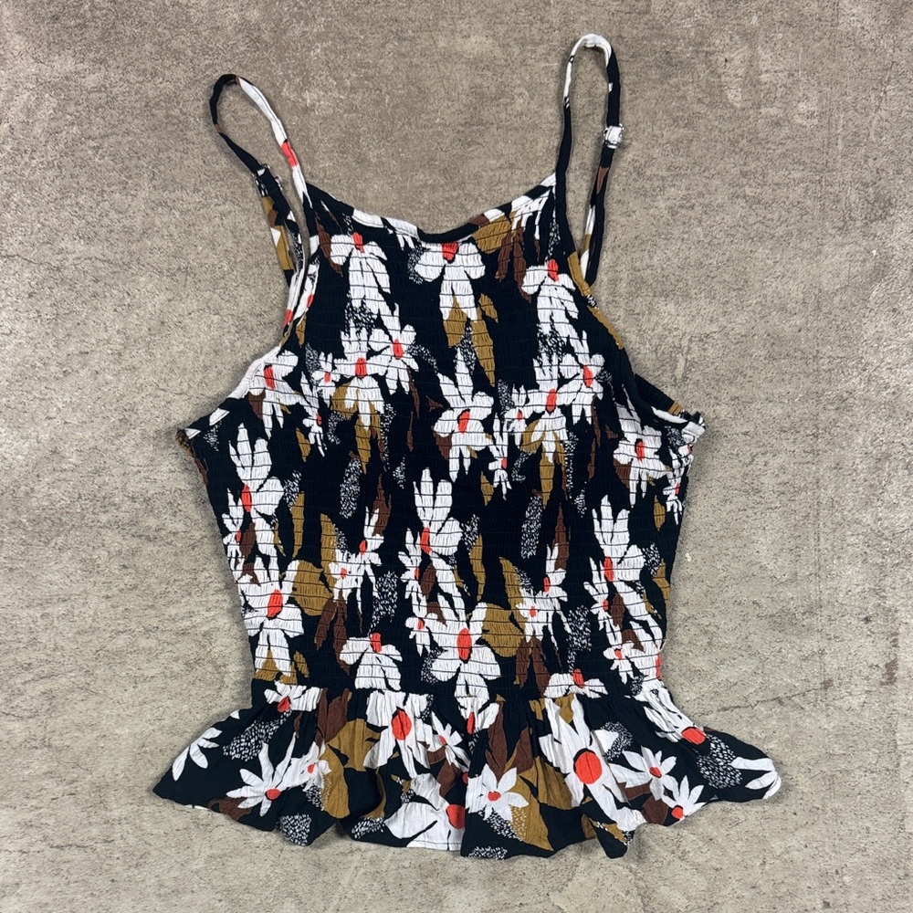 Angie Black Floral Smocked Peplum Cami with Red & Olive Accents